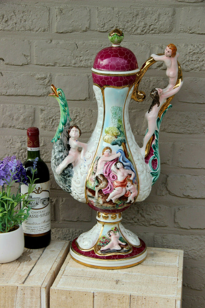 Majestical Capodimonte italian marked porcelain putti swan Ewer pitcher Vase