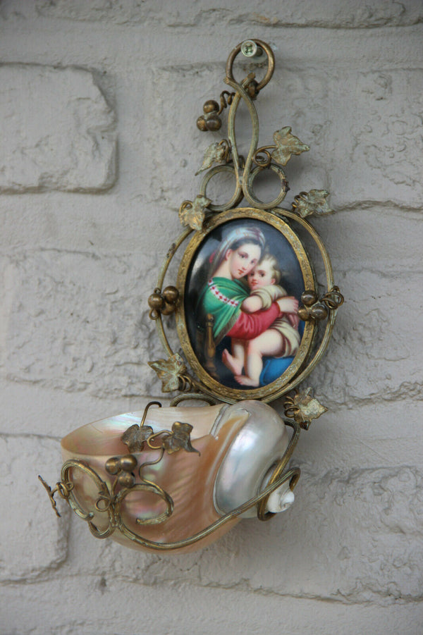 Rare antique religious mother pearl nacre holy water font porcelain Madonna