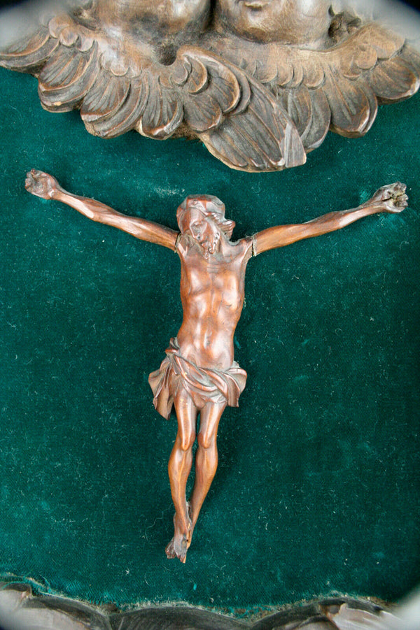 Old 1800 Religious Wood carved altar piece putti cherubs crucifix christ French