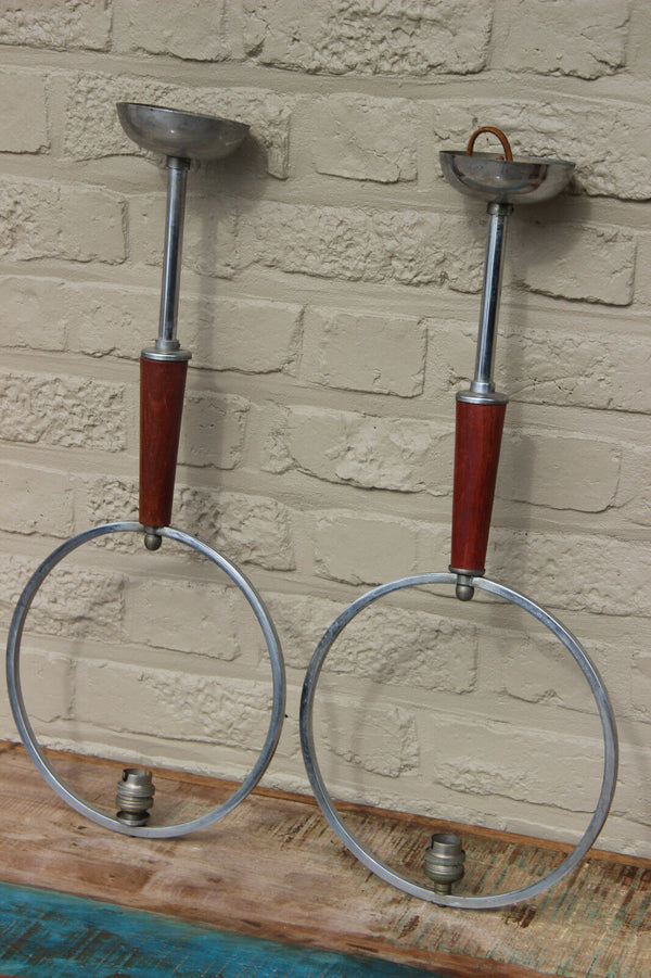 PAIR Scandinavian Mid century Wood metal chrome pendant chandelier geometric