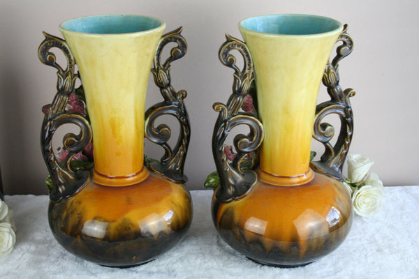 PAIR Art nouveau barbotine majolica floral decor Vases 1900 French