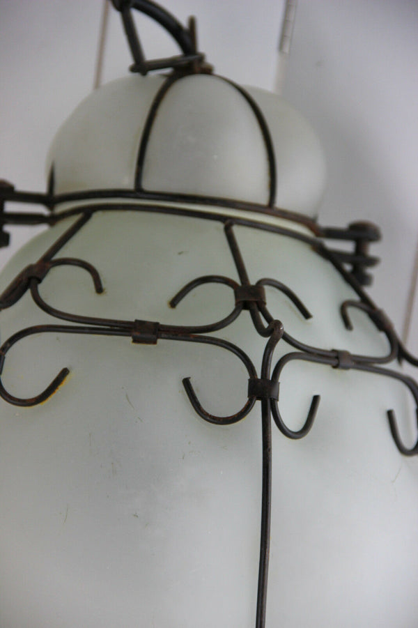 Gorgeous ITALIAN SEGUSO hand blown glass Caged Lantern lamp chandelier 70's