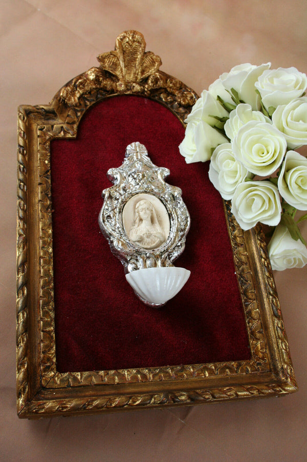 French 19th c HOLY water FONT vessel Wood frame font on velvet biscuit french