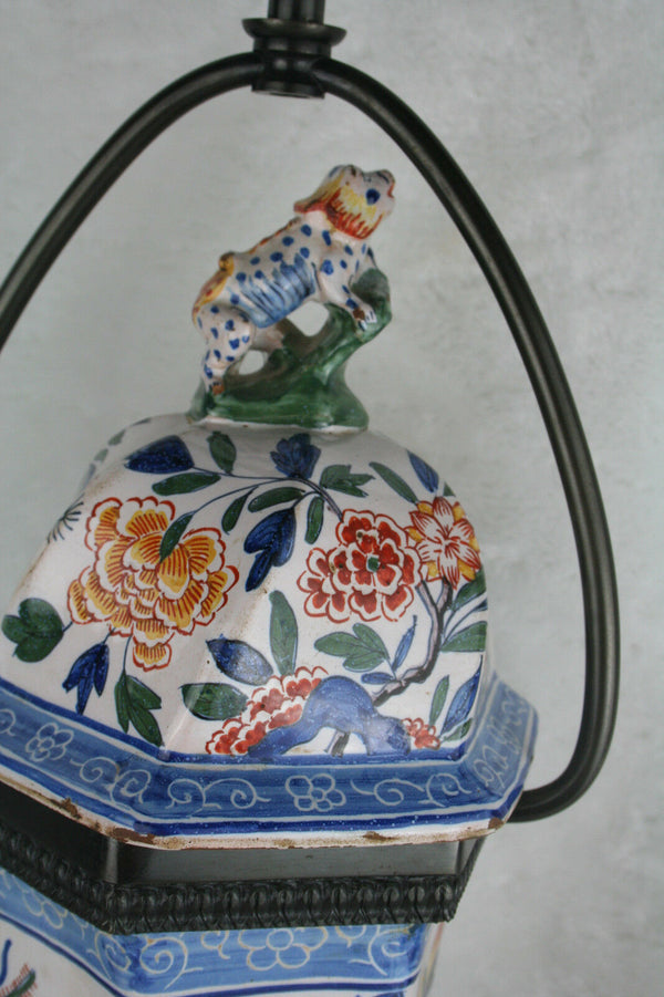 Antique polychrome Pottery Delft marked 3 leaves Vase mounted as lamp XL