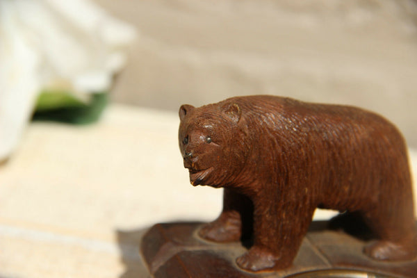Antique hand Black forest wood carved swiss bear statue ashtray interlaken