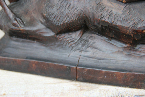 Large German black Forest wood carved capricorn deer group statue 19thc