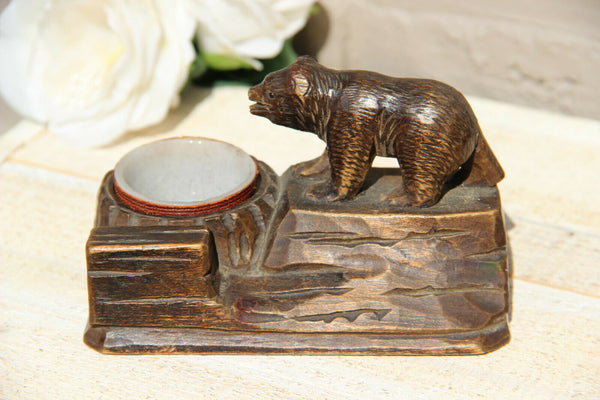 Antique hand Black forest wood carved swiss bear statue figurine ashtray BRIENZ