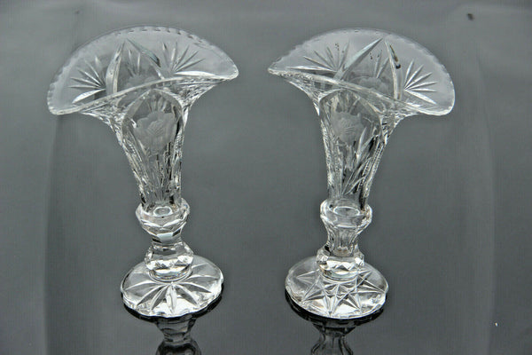 PAIR bohemian clear crystal glass vase floral decor 1960