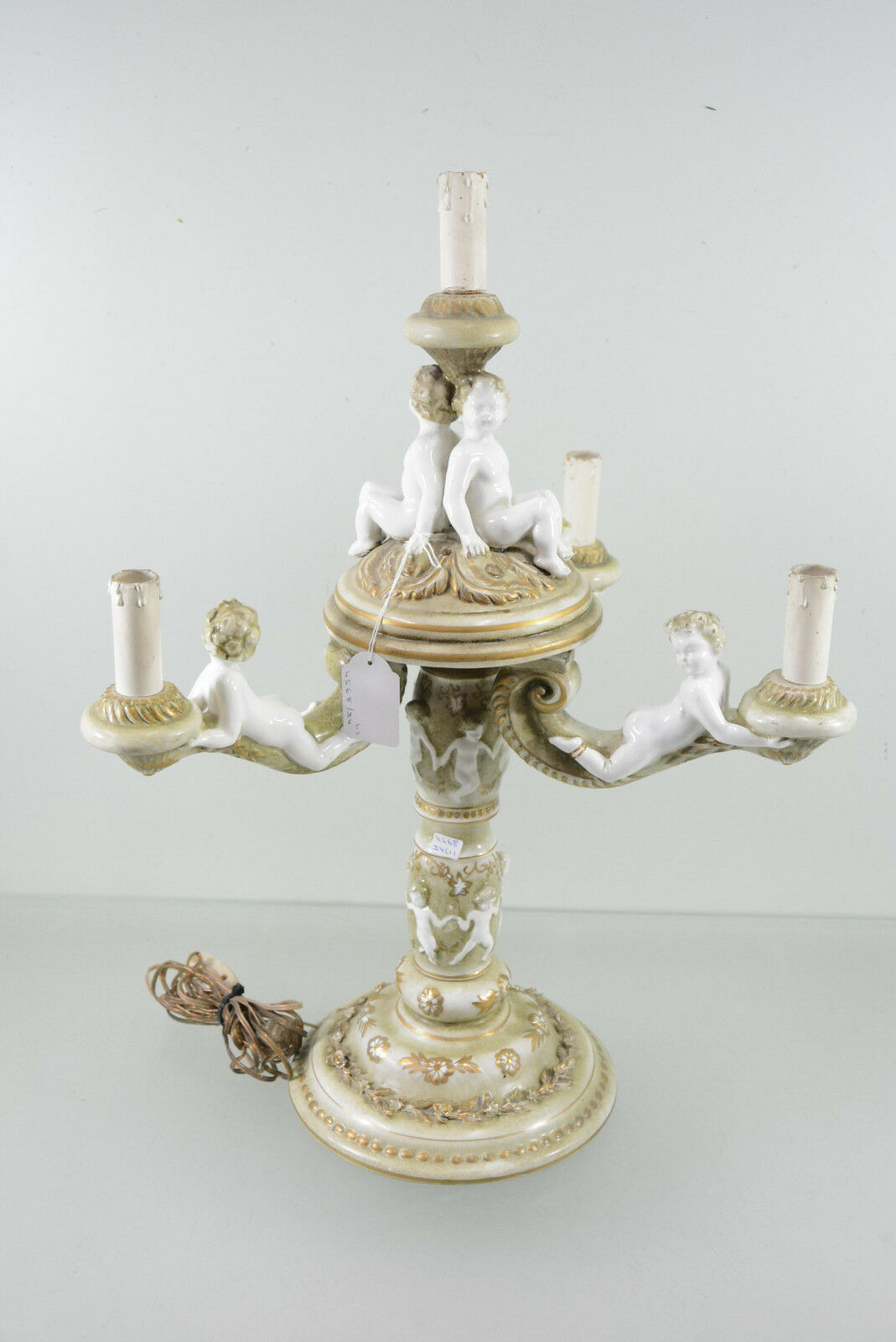 Gorgeous Italian Faience Putti cherubs angels 3 arms candelabra lamp  1960's