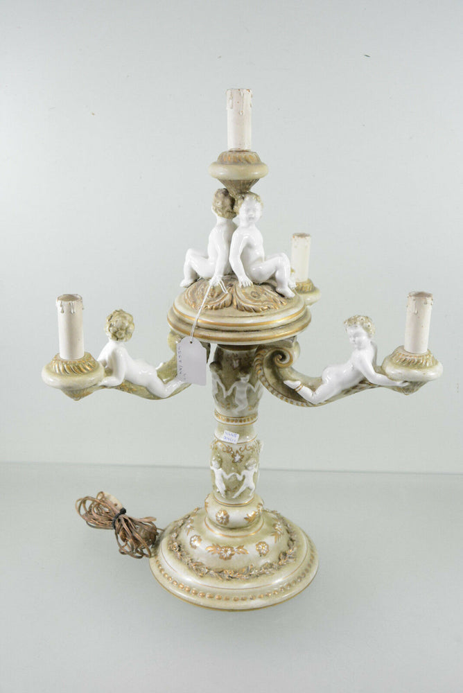 Gorgeous Italian Faience Putti cherubs angels 3 arms candelabra lamp  1960's