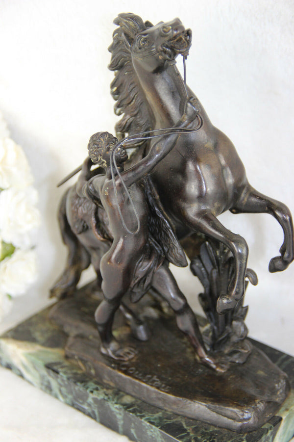 PAIR patinated bronze antique Marly horses marble base signed coustou