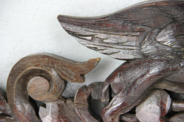 Antique large French pediment fronton wood carved gothic phenix dragon birds