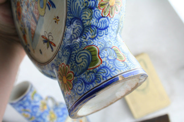 Unusual RARE DELFT marked Kocks Moonflask floral polychrome peacock Vases