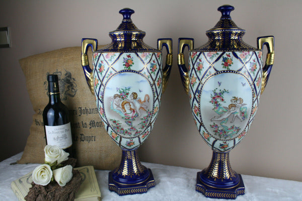 PAIR French porcelain Vases Romantic putti angels scene floral decor marked 50'