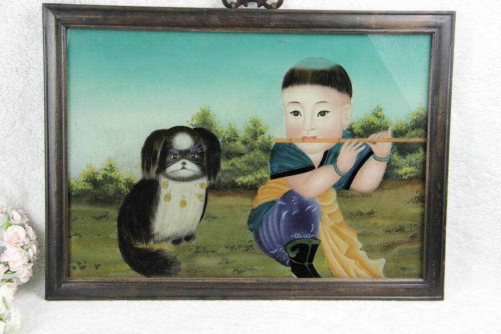 Chinese EGLOMISE Reverse glass painting child pekinese dog