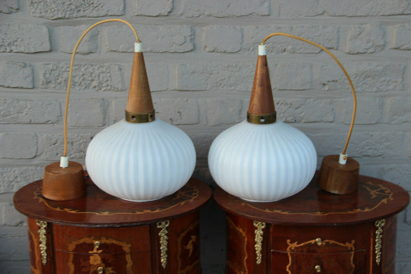 PAIR Retro 1970 Scandinavian teak milk glass shades pendant lamp chandelier