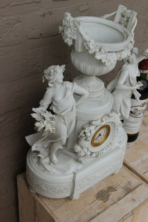Huge Antique german Bisque porcelain group nymph Clock vase