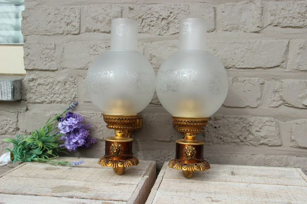 PAIR vintage 1960 French brass metal Lion head wall lights sconces glass globe
