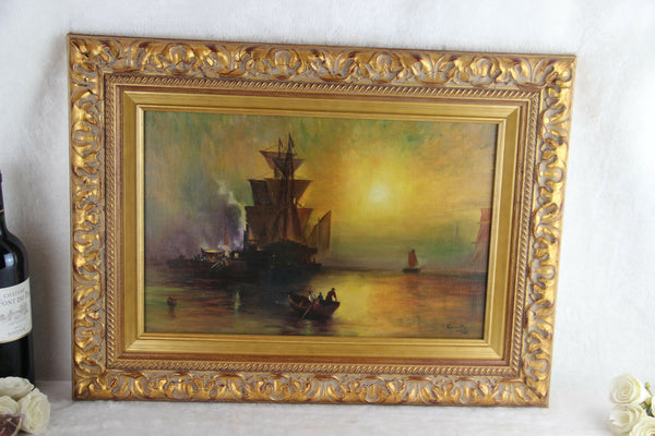Gorgeous Flemish oil canvas 1933 Signed Painting Maritime Ship boats