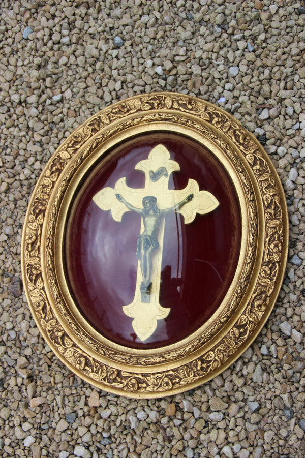 antique French wall panel glass Christ crucifix Religious