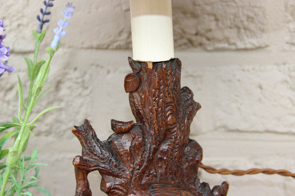 Antique German black forest wood carved Bird table lamp 1900