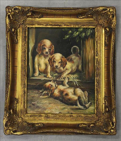 Gorgeous Oil on panel Painting dogs puppies playing signed 1950's