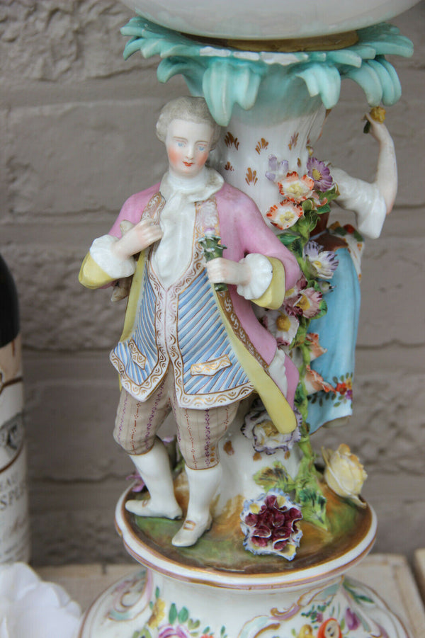Antique German porcelain marked relief floral decor couple figurines Vase lamp