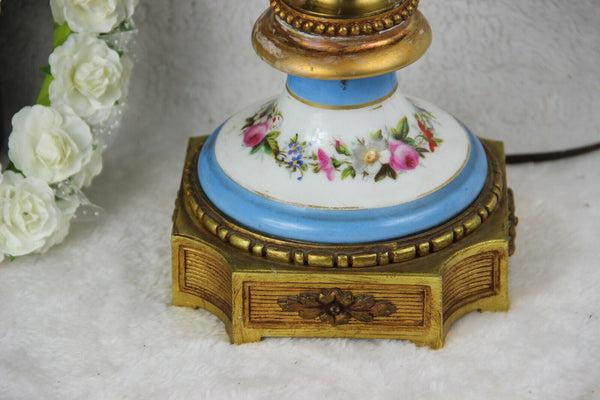 Antique French vieux paris porcelain floral lamp pastel blue