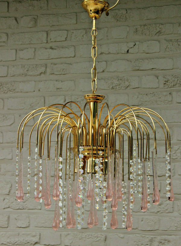 Vintage italian Mid century Murano drops pink clear glass Chandelier 1970 n1