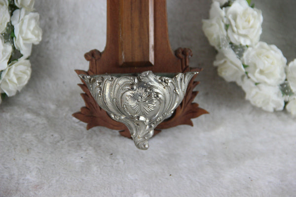 Antique French wood carved crucifix holy water font