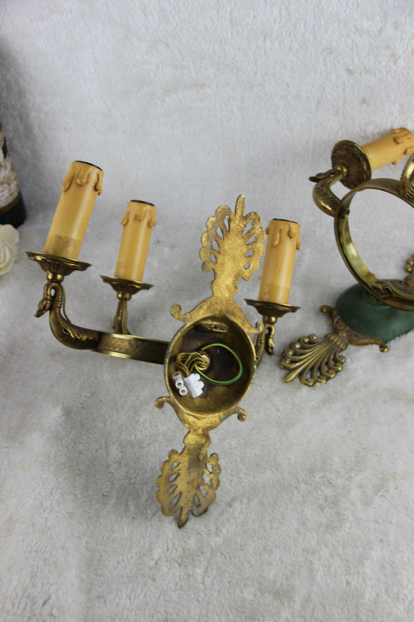 RARE PAIR french vtg brass Empire Swan 3 arm Wall lights sconces 60s