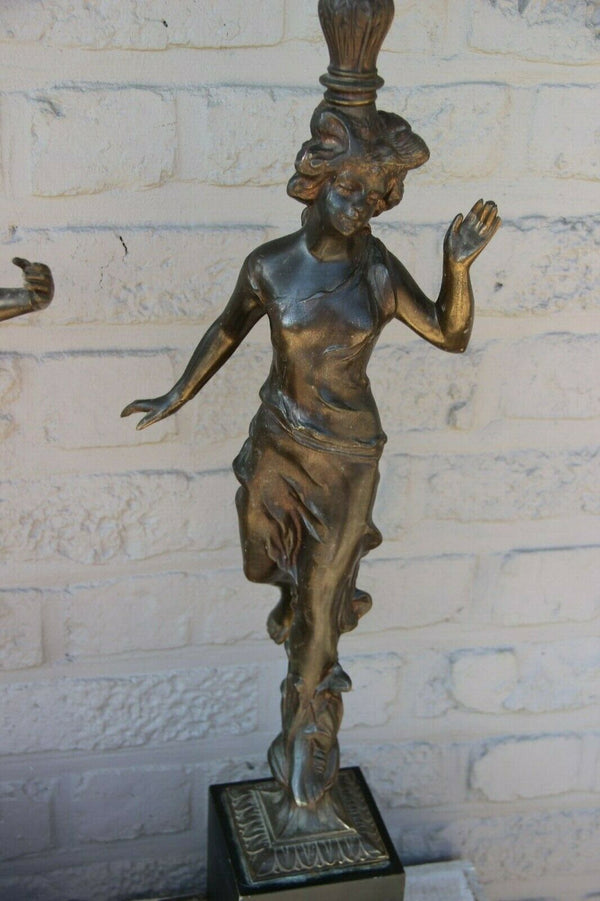 Pair XL antique French metal Romantic boy girl figurine table lamps