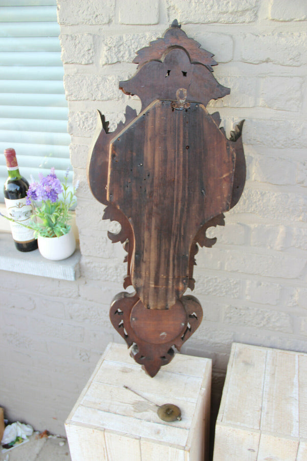 Antique XL black forest wood carved wall clock barometer