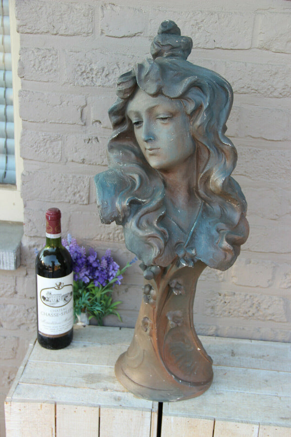 XL Antique french terracotta Art nouveau Lady Bust Statue sculpture marked