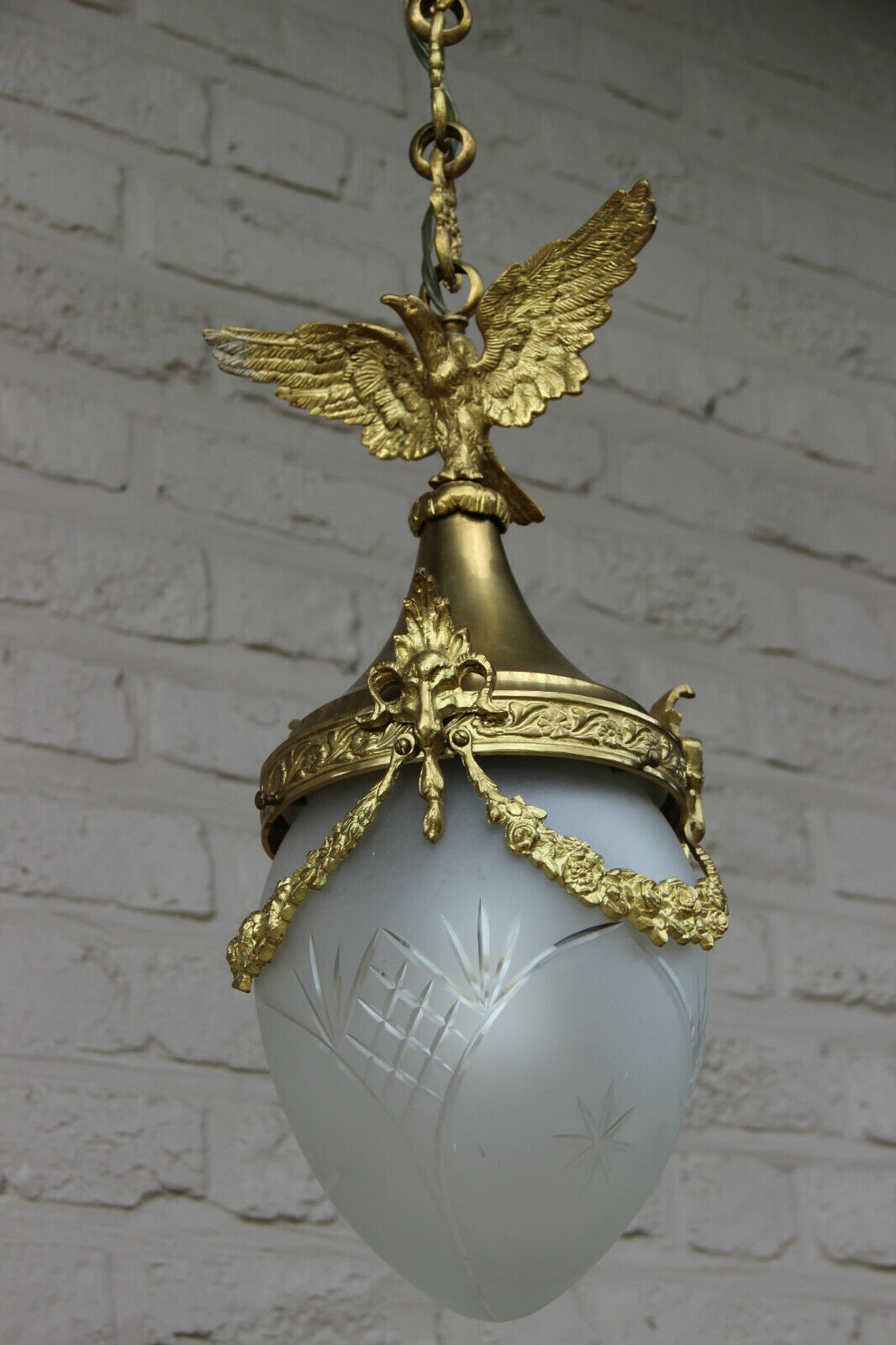 Antique French hall lantern chandelier Eagle ram heads crystal glass shade