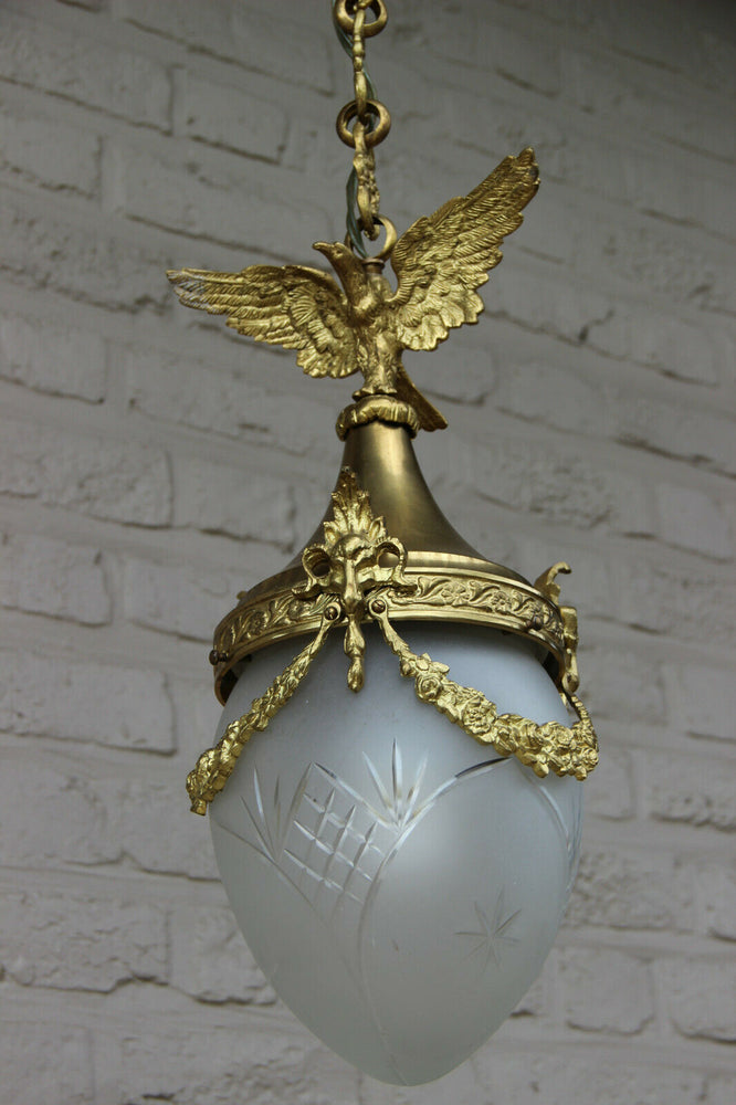Antique French hall lantern chandelier Eagle ram heads crystal glass shade