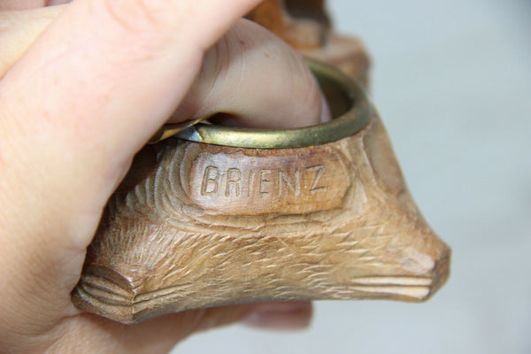 Antique hand Black forest wood carved swiss bear statue figurine ashtray BRIENZ