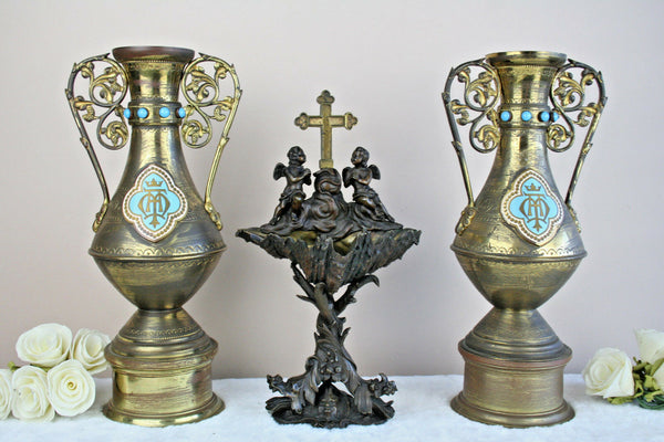 RARE antique religious Holy water font Vases set Putti Devil Dragons set church