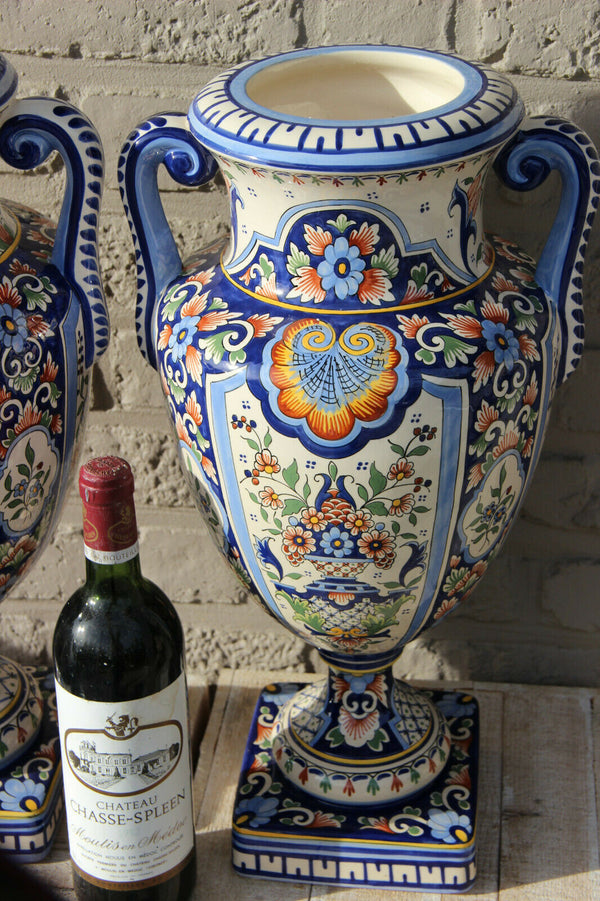 Huge majestical Hand paint ROUEN French Faience porcelain Vases marked