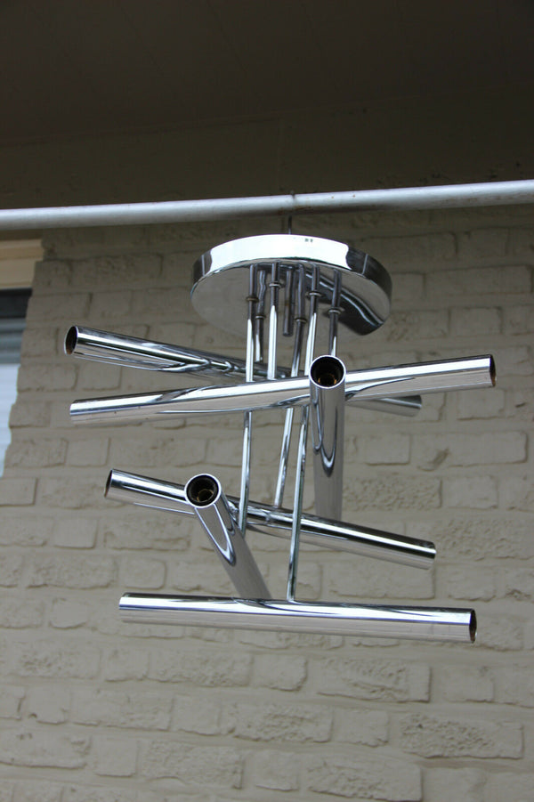 Mid century Sciolari 6 tubes Geometric chandelier pendant 1970's Chrome