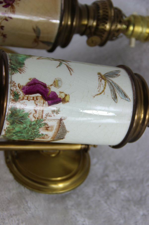 PAIR Chinese Faience craquele oil lamps wall lights  sconces electrified
