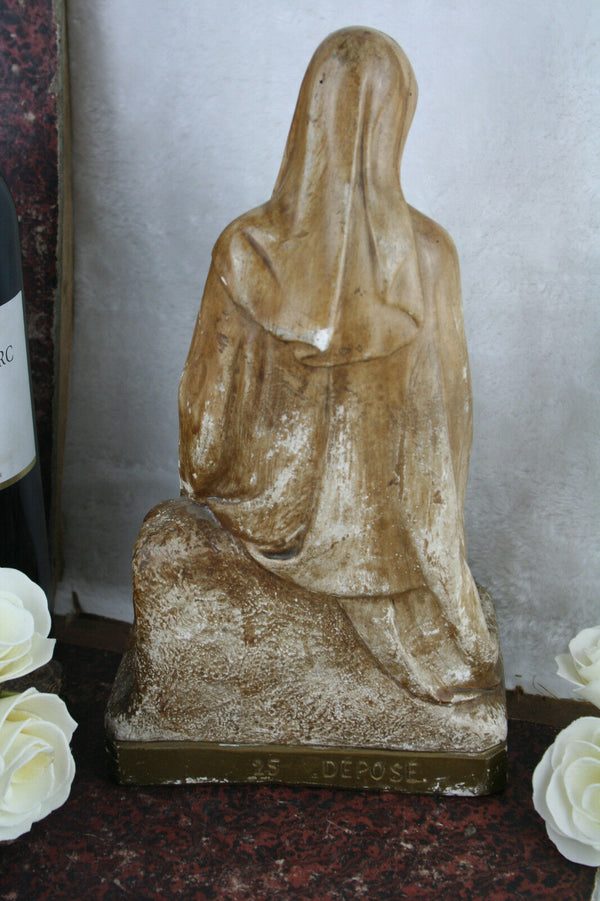 Old French monogrammed Plaster Madonna with child statue figurine marked