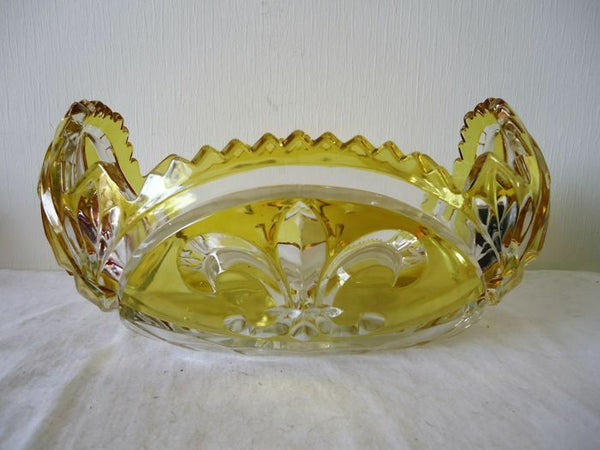 Gorgeous Crystal yellow clear cut glass coupe bowl centerpiece fleur de lys