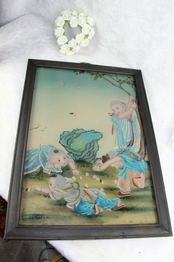 Antique Chinese eglomise reverse oil glass painting children playing signed