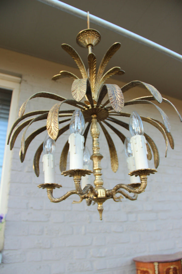 French Vintage 1970 Palm tree metal brass Chandelier 5 arms attr. maison jansen