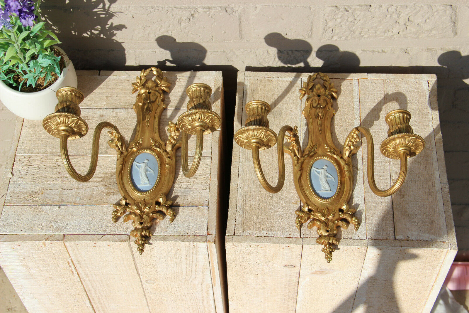PAIR antique French brass Wall lights sconces Wedgwood porcelain plaques