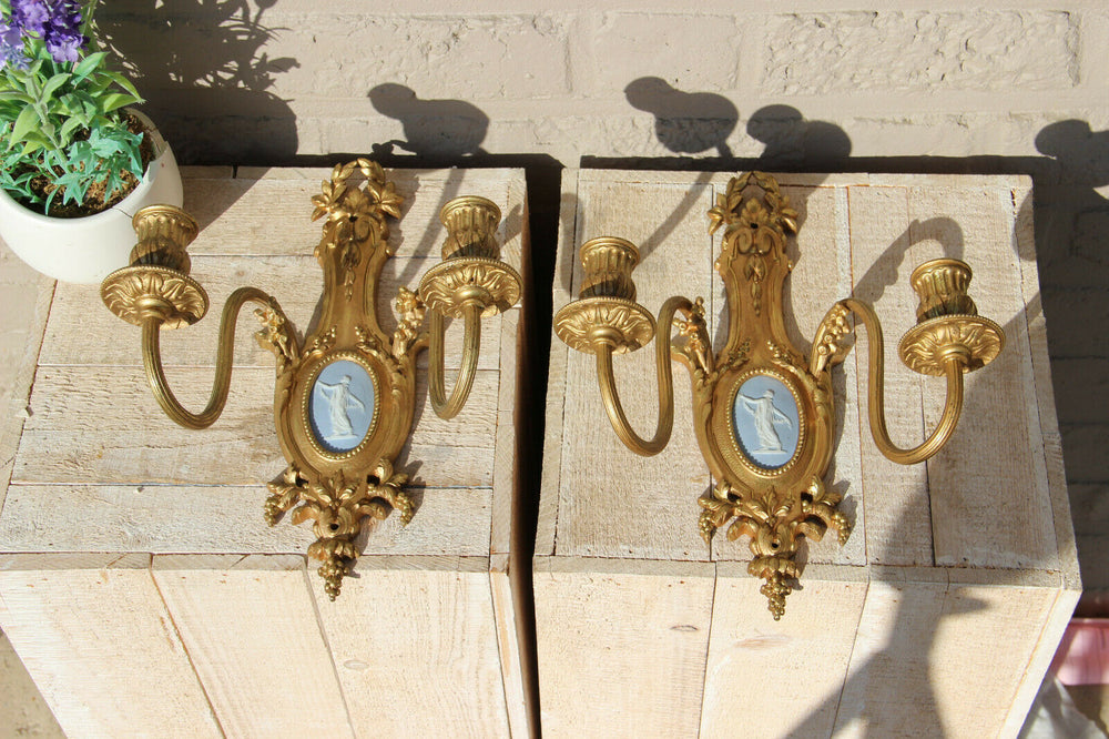 PAIR antique French brass Wall lights sconces Wedgwood porcelain plaques
