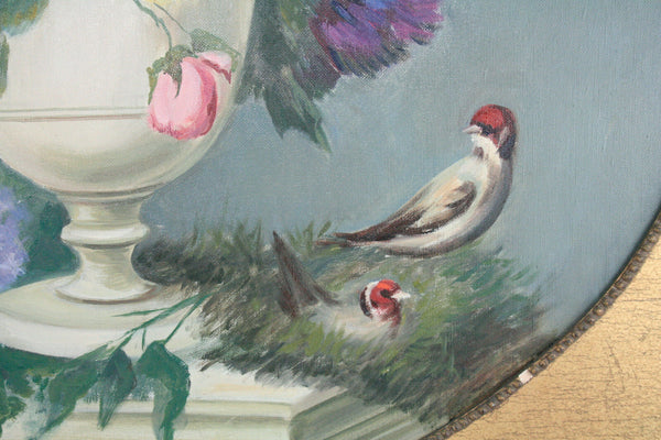 Gorgeous Flemish school Oil canvas painting birds oval framed 1970's flowers