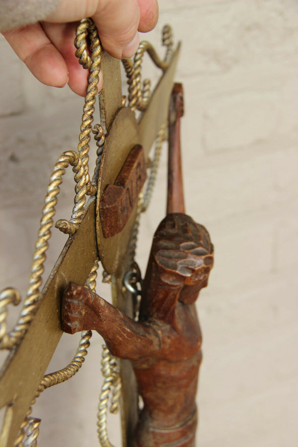 LARGE Wood carved Christ crucifix iron gold gilt religious cross