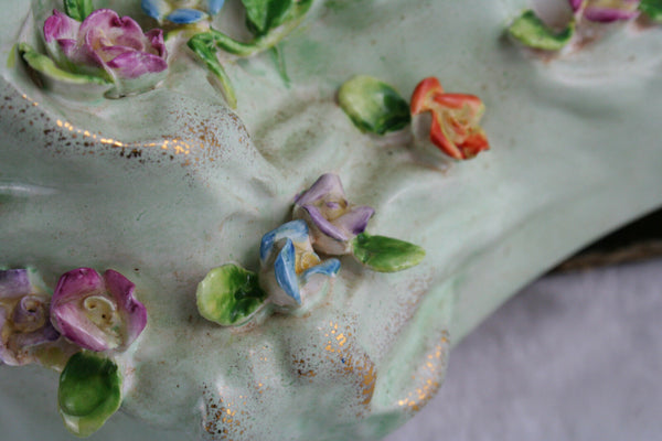 Gorgeous Porcelain majolica flowers Lady figurine bird mirror stairs statue